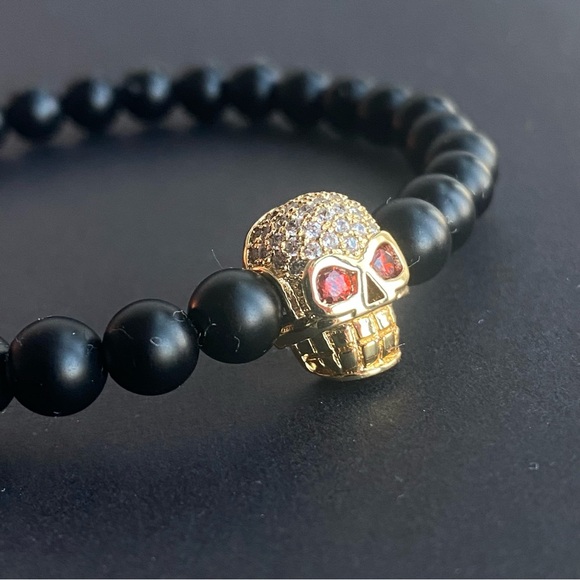 Matte Onyx Gemstone With Gold Zircon Skull Charm - Picture 2 of 7